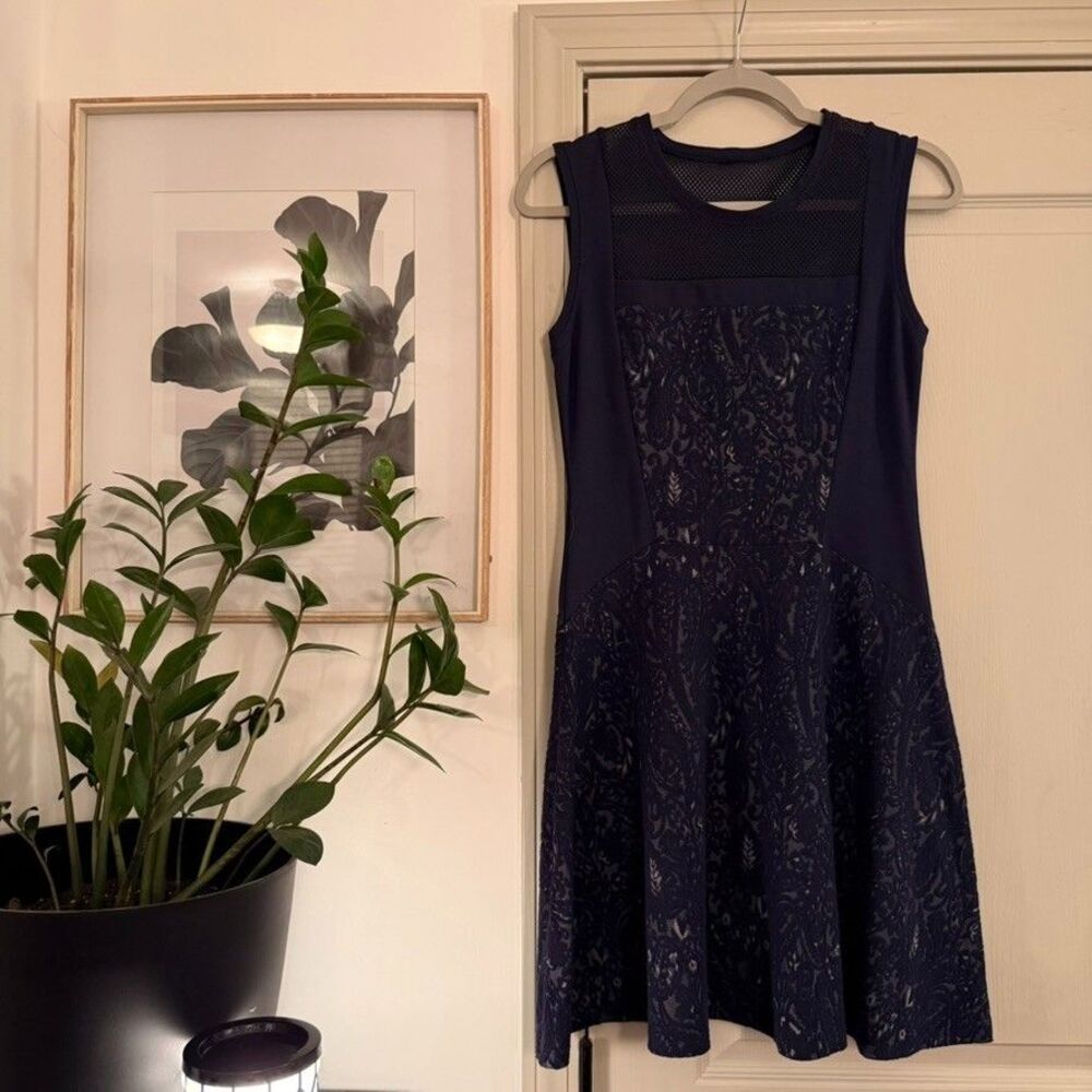 BCBGMaxAzria Dayln Navy Lace Mesh Fit Flare Mini Dress Size Small Cocktail